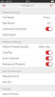 ProTube iOS App Setting Screen
