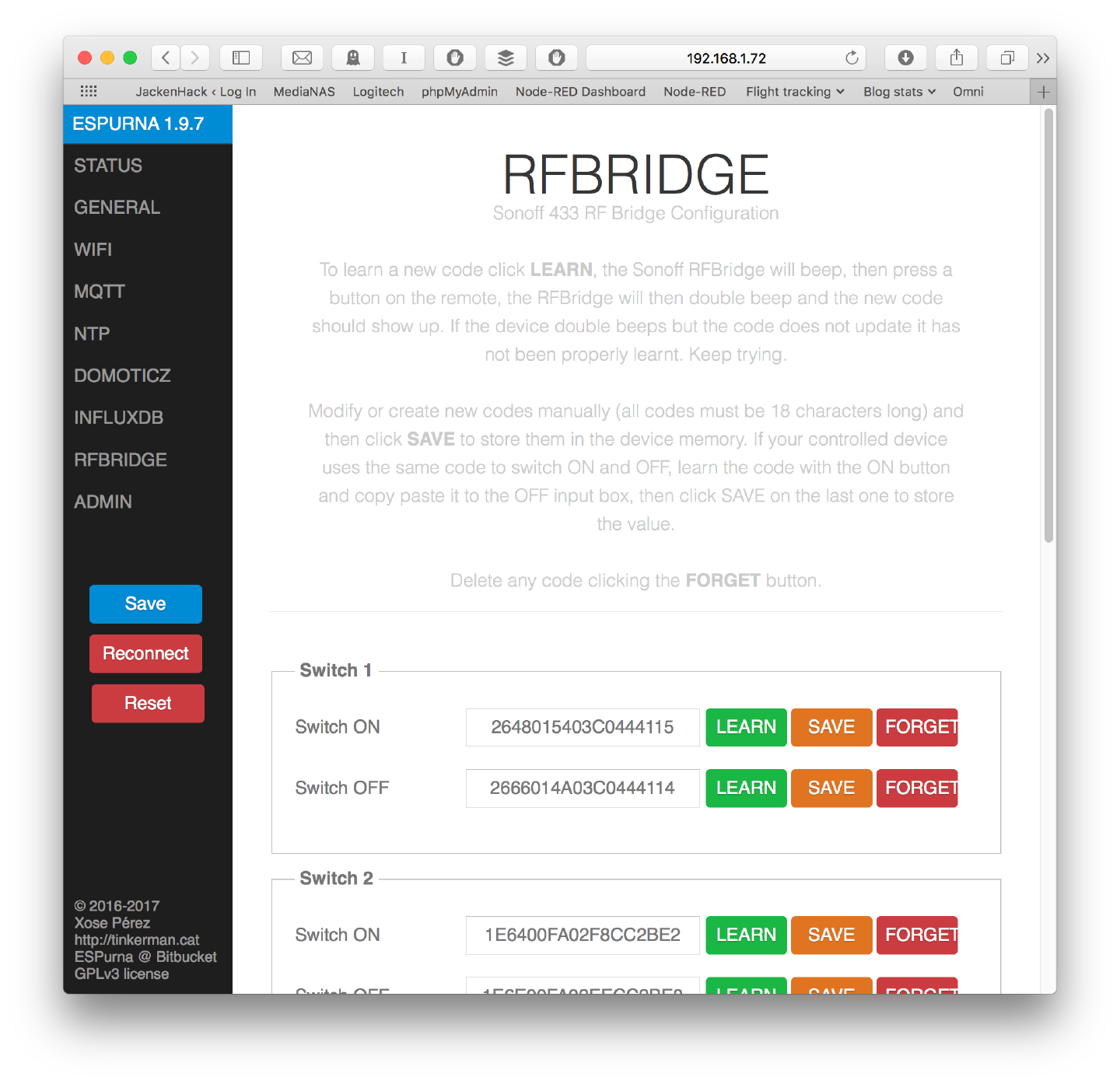 ESPurna&rsquo;s RFBRIDGE configuration page, with Learn, Save and Forget buttons beside the 18-character on and off codes for each switch