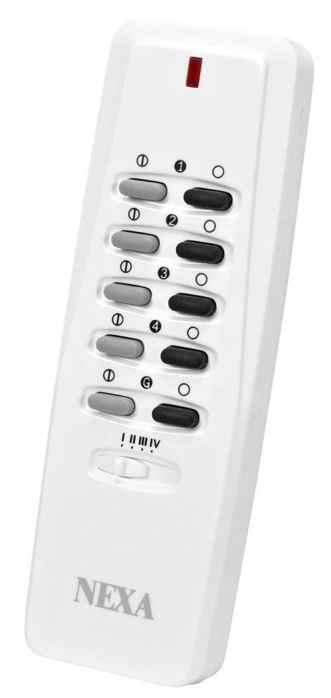 A white Nexa 433 MHz remote control with five pairs of on and off buttons and a channel selector