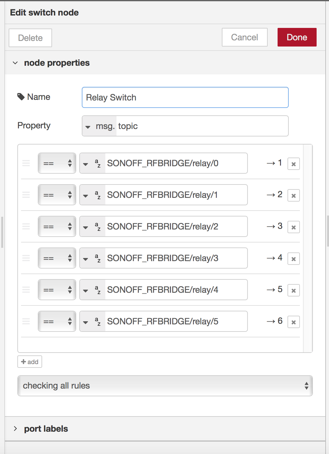 A Node-RED switch node splitting SONOFF_RFBRIDGE/relay/0 through /5 into six separate outputs