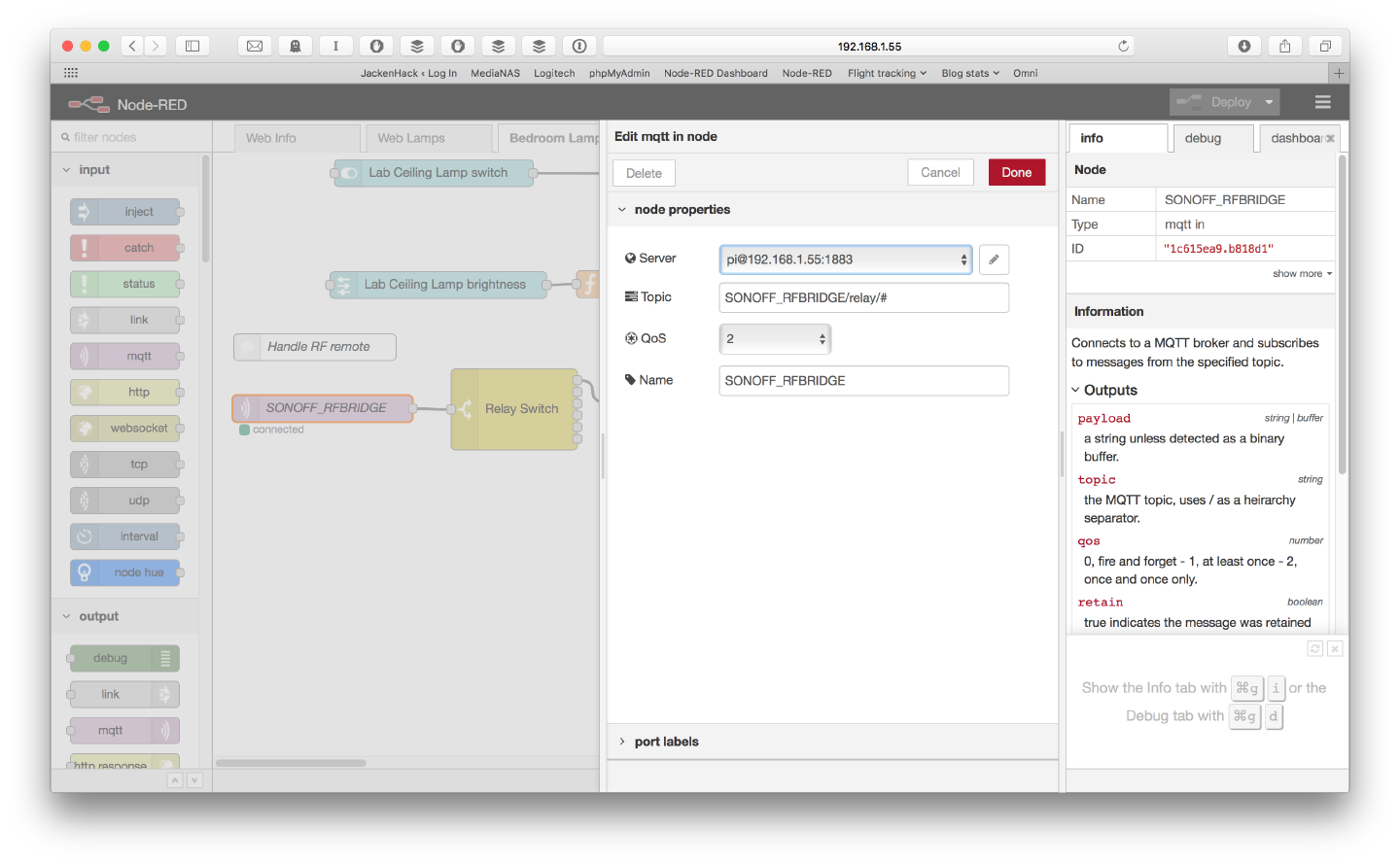 A Node-RED mqtt in node named SONOFF_RFBRIDGE, subscribed to topic SONOFF_RFBRIDGE/relay/# at QoS 2
