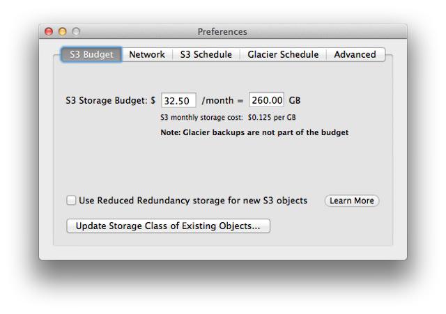 Arq&rsquo;s S3 Budget tab, capping spend at $32.50 a month, which it converts to 260 GB at $0.125 per GB. Glacier is excluded from the budget