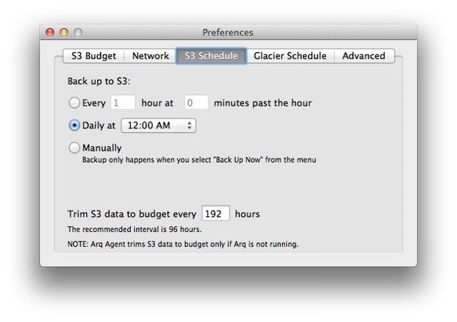 Arq&rsquo;s S3 Schedule tab set to a daily backup at midnight, with S3 data trimmed to budget every 192 hours