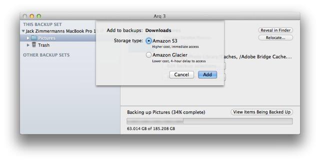 Arq asking whether a folder should go to Amazon S3 for immediate access or to Glacier at lower cost with a 4-hour delay, while a backup runs behind it