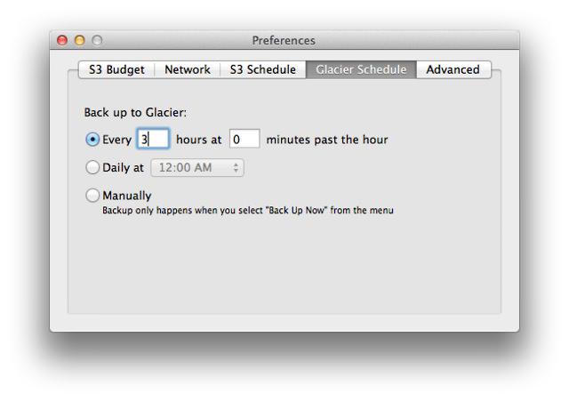 Arq&rsquo;s Glacier Schedule tab set to back up every 3 hours