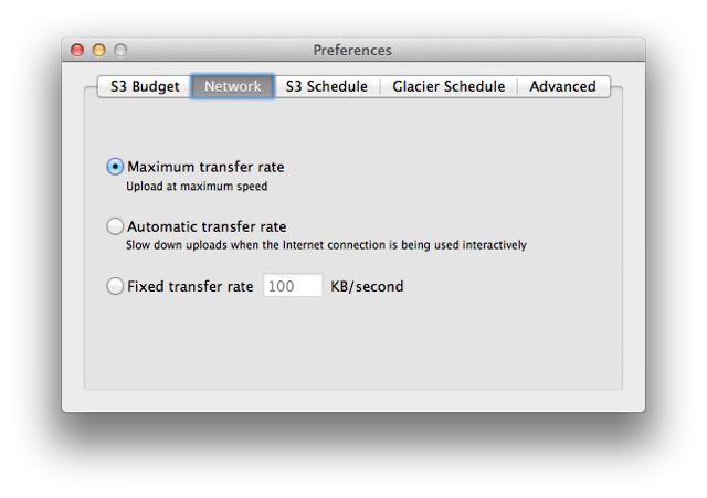 Arq&rsquo;s Network tab offering maximum transfer rate, an automatic rate that backs off while the connection is in use, or a fixed KB per second