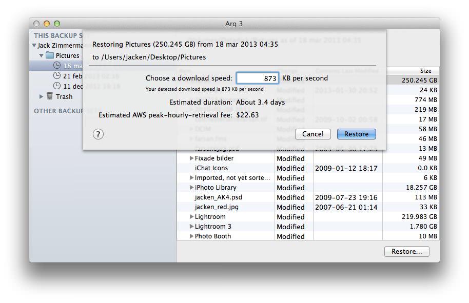 Arq Restore Cost Estimate Dialog image