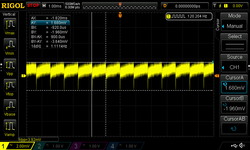 Scope trace with the 1000 uF capacitor fitted, peak-to-peak noise down to 3.92 mV