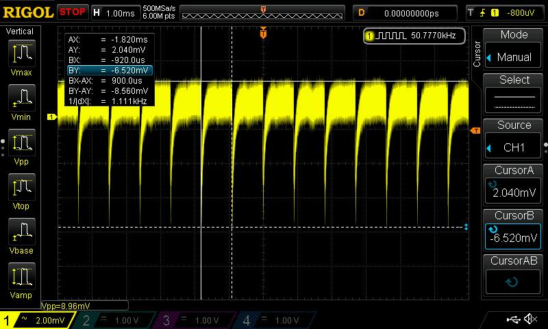 The post-modification scope trace once more, 8.96 mV peak to peak