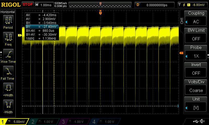 Rigol oscilloscope trace of the AN8008&rsquo;s DC rail before the modification, cursors marking 30.3 mV of peak-to-peak noise