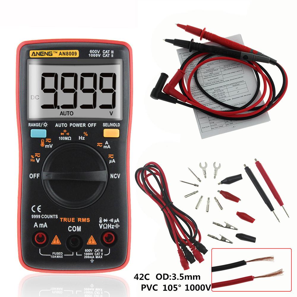 The Aneng AN8009 multimeter in its red holster, 9999 counts and True RMS, packaged with test leads and a set of probe tips and clips
