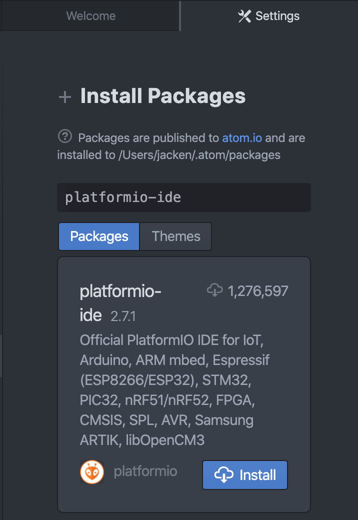 Atom&rsquo;s Install Packages pane with platformio-ide 2.7.1 found and its Install button ready