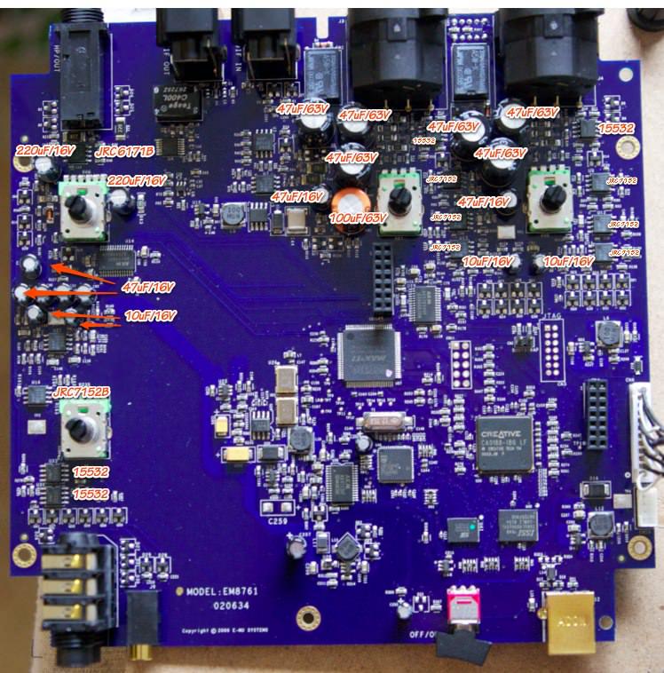 inside E-MU 0404 USB sound card The E-MU 0404’s blue main board photographed from above, annotated in red with every capacitor value and op-amp type to be replaced