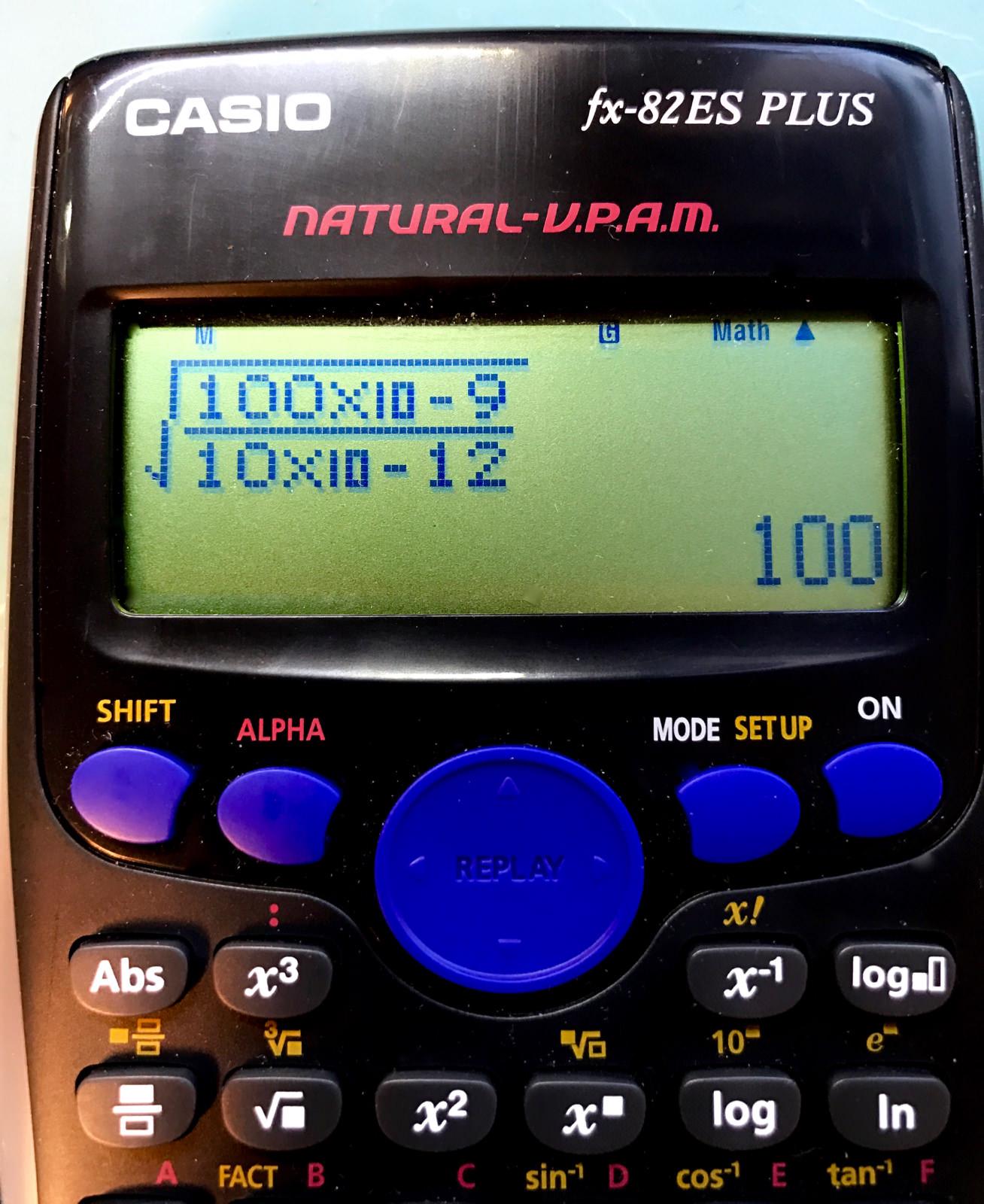 A Casio fx-82ES calculator working the square root of 100 nH over 10 pF, giving 100
