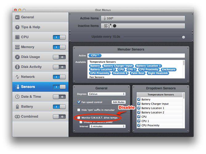 Disable SMART check iStat Menu iStat Menus Sensors preferences with Monitor S.M.A.R.T. drive temps circled in red and labelled Disable