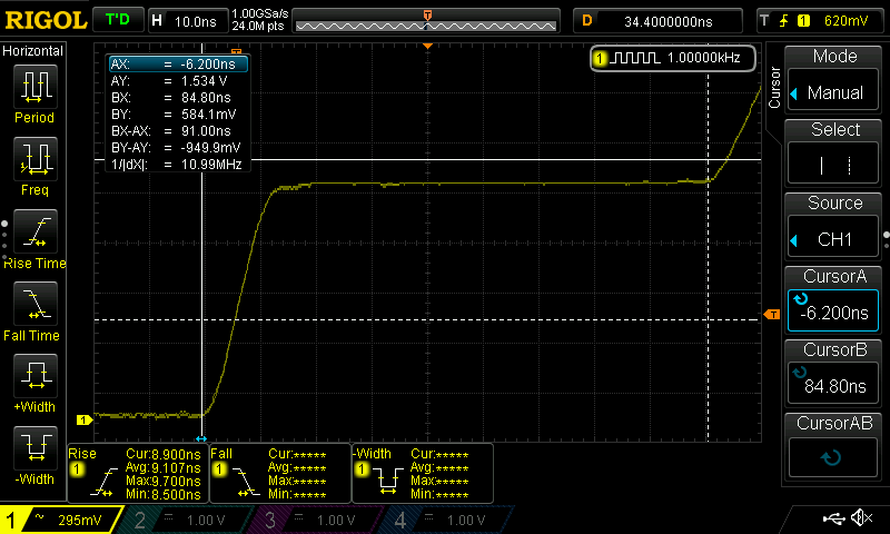 Scope cursors bracketing the reflection at -6.2 ns and 84.8 ns, a 91 ns round trip, which gives the cable&rsquo;s velocity factor