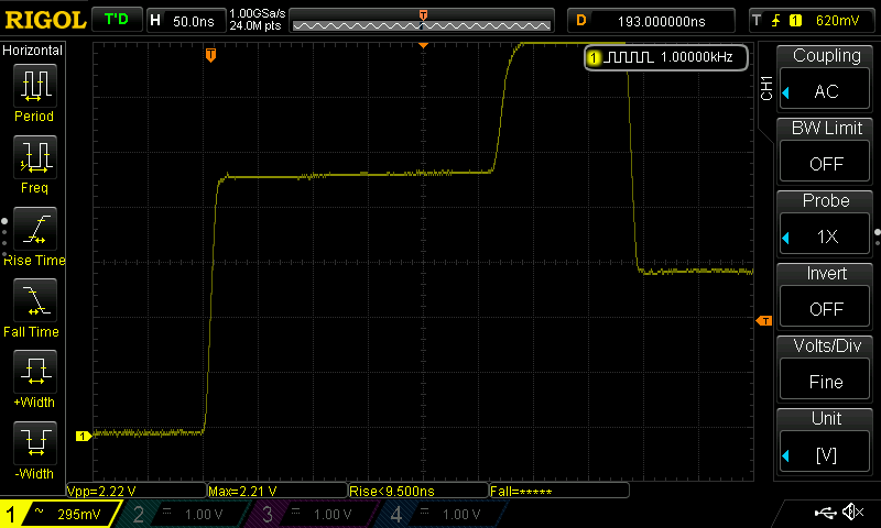 The same pulse with the unterminated coax connected: the reflection returns partway along and steps the trace up to 2.22 V