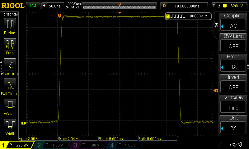 Rigol scope showing the bare 2.06 V pulse with nothing attached, its edges clean and under 9.5 ns