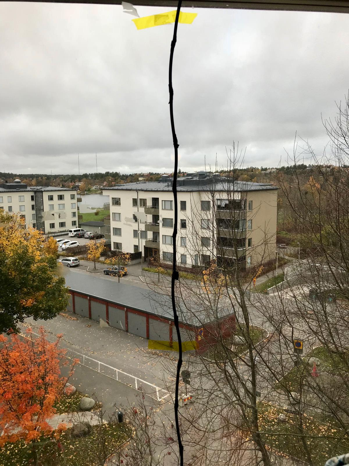 The first collinear antenna, a length of black coax taped vertically down the inside of an apartment window over an autumn view of the street