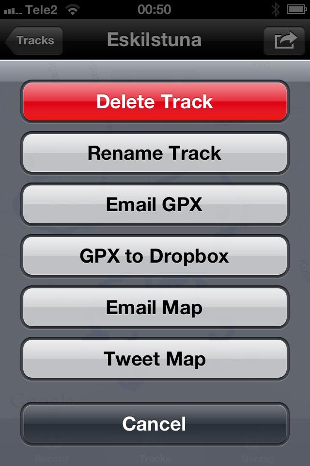 The export menu for a track, offering Email GPX, GPX to Dropbox, Email Map and Tweet Map alongside rename and delete