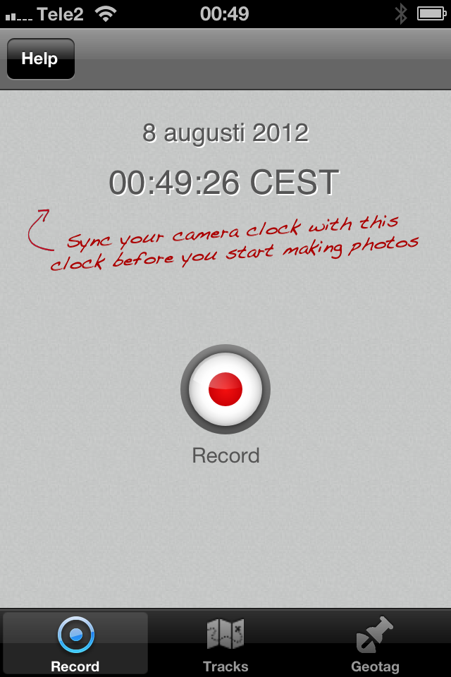 GeoTagr’s record screen showing the current date and time in CEST, annotated to sync the camera clock to it before shooting