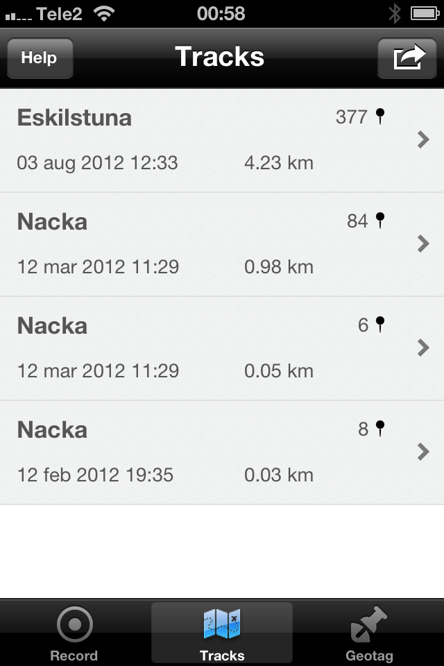 The saved tracks list, each named for its location with a date, distance and point count, from 8 points over 0.03 km to 377 over 4.23 km