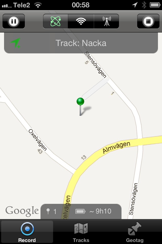 A track in progress named Nacka, one point logged so far, with an estimated 9 hours 10 minutes of battery left