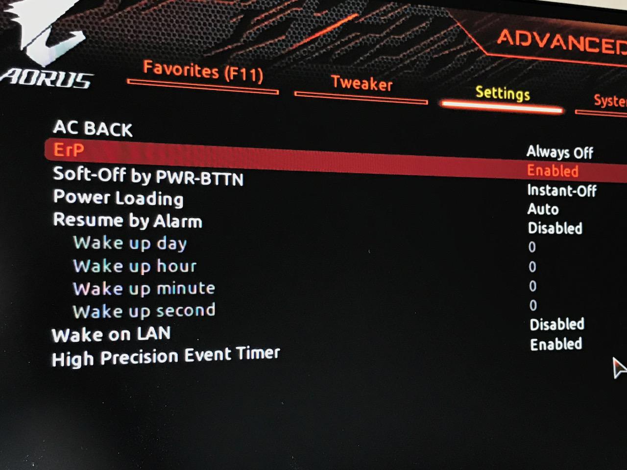 The Platform Power submenu with ErP highlighted and set to Enabled, above Soft-Off by PWR-BTTN and Wake on LAN