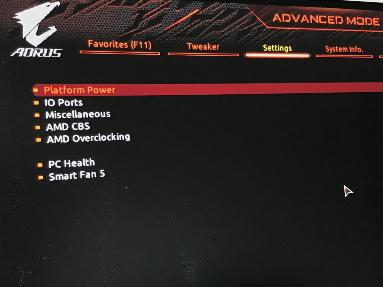 The Aorus BIOS in Advanced Mode, Settings tab, with Platform Power highlighted at the top of the list