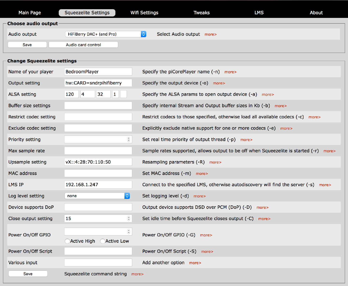 PiCorePlayer Settings Screen
