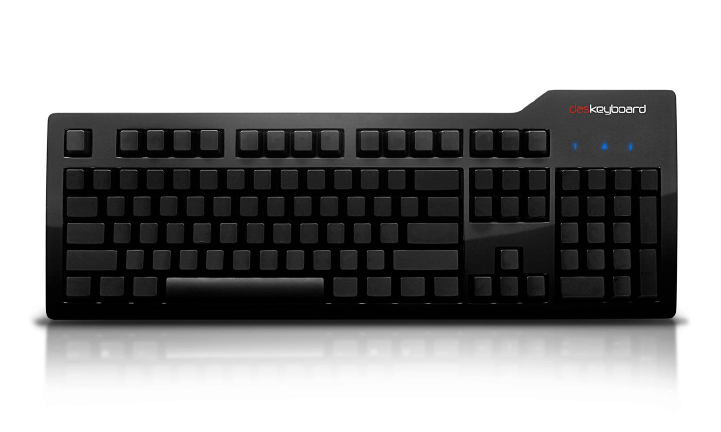 The all-black Das Keyboard Model S, full size with unlabelled keycaps and three blue indicator LEDs