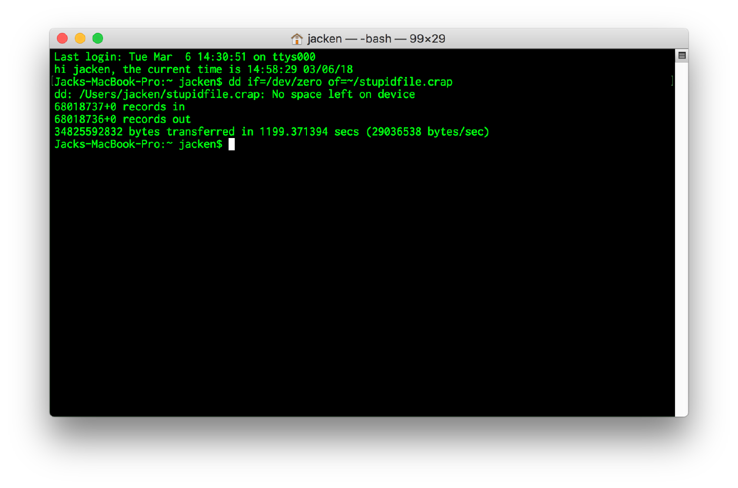 A Terminal window where dd writing zeroes to stupidfile.crap has stopped with No space left on device, after 34.8 GB