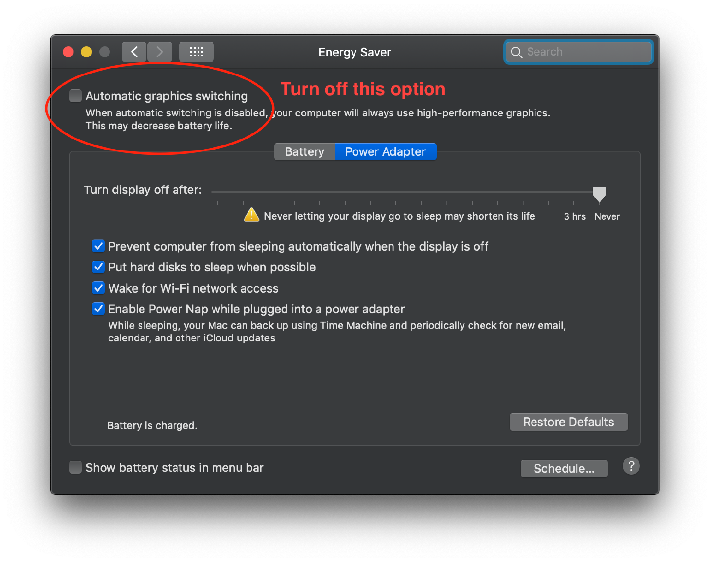 The Energy Saver pane with Automatic graphics switching circled in red and unticked, forcing the high-performance GPU