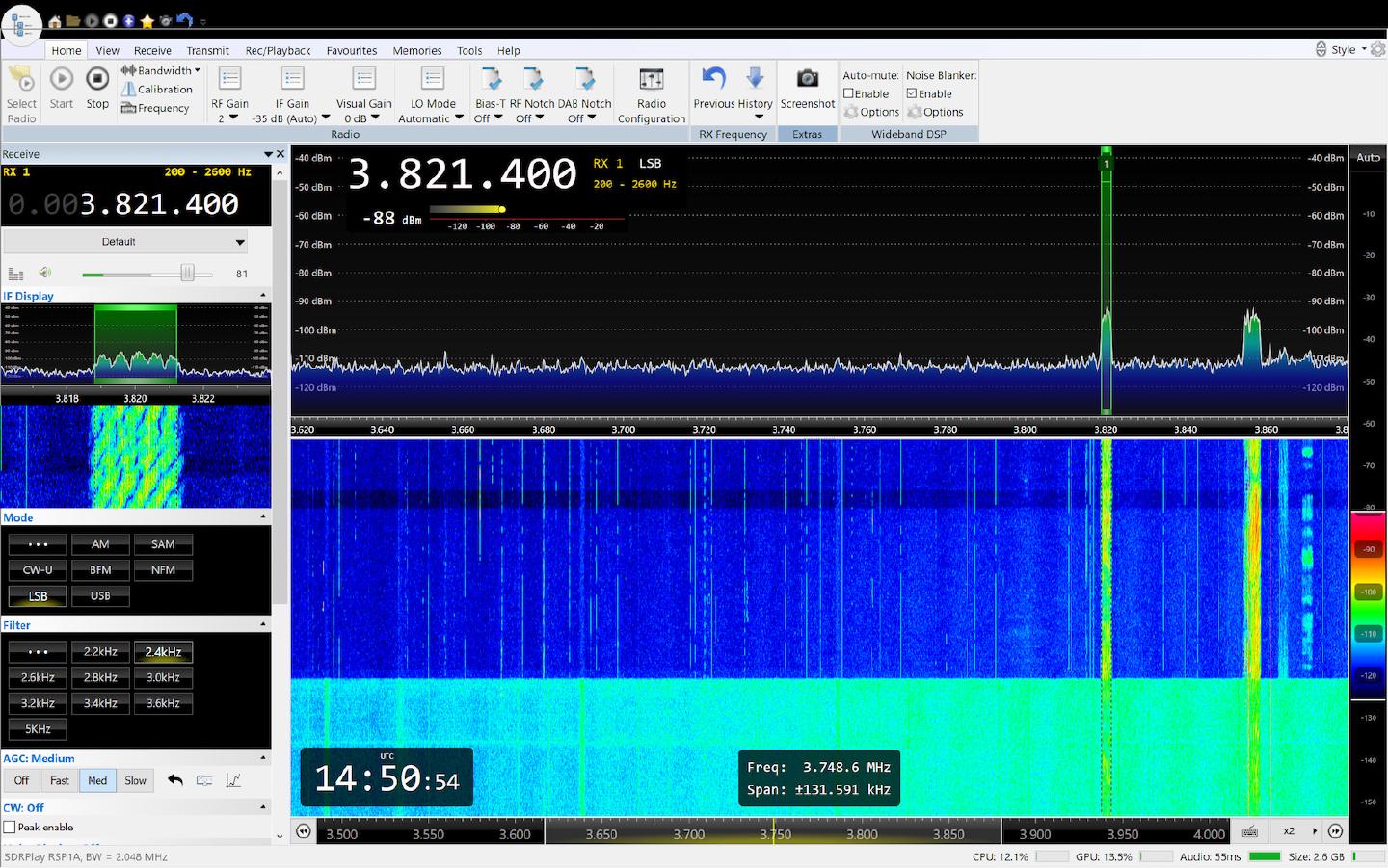 An SDRuno waterfall at 3.821 MHz where the choke is switched in partway down: the bright noise across the lower half gives way to a dark, quiet band while the signal spikes remain