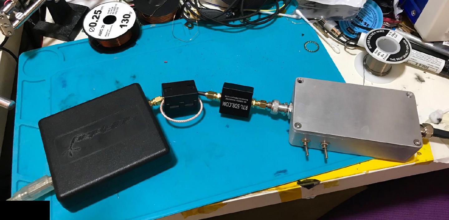 The receive chain laid out on the bench: SDRplay RSP1A, a bias-T, an RTL-SDR.COM FM bandstop filter, and the choke’s aluminium box