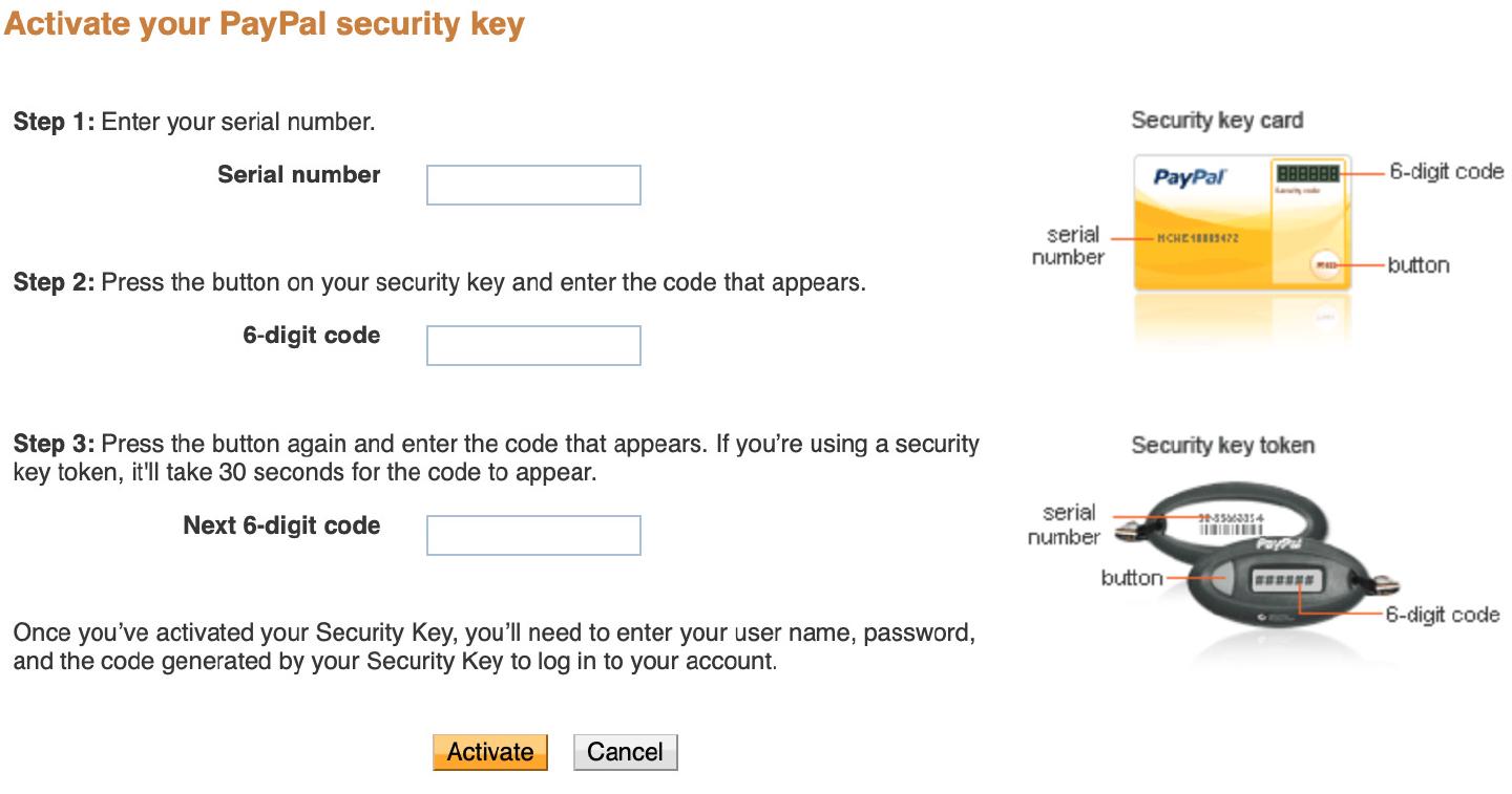 PayPal’s activation form asking for the key’s serial number and two consecutive 6-digit codes, illustrated with the card and fob tokens