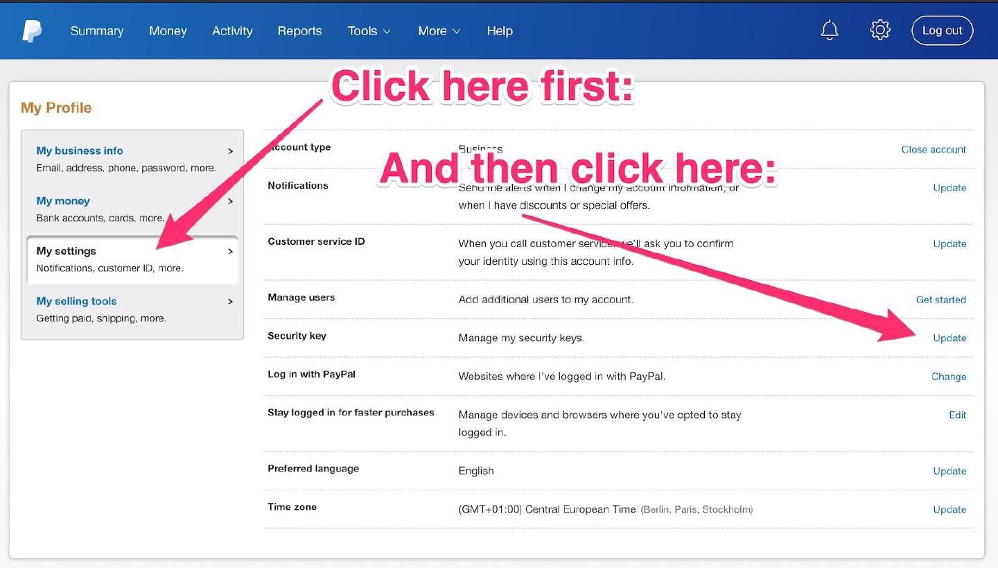 PayPal’s My Profile page with arrows pointing first to My settings, then to the Update link on the Security key row