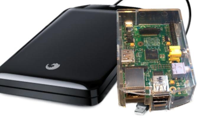 Raspberry Pi in a clear case next to an external USB hard drive