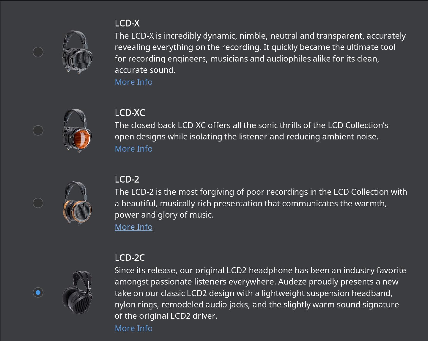Roon’s Audeze preset picker listing the LCD-X, LCD-XC, LCD-2 and LCD-2C, with LCD-2C selected