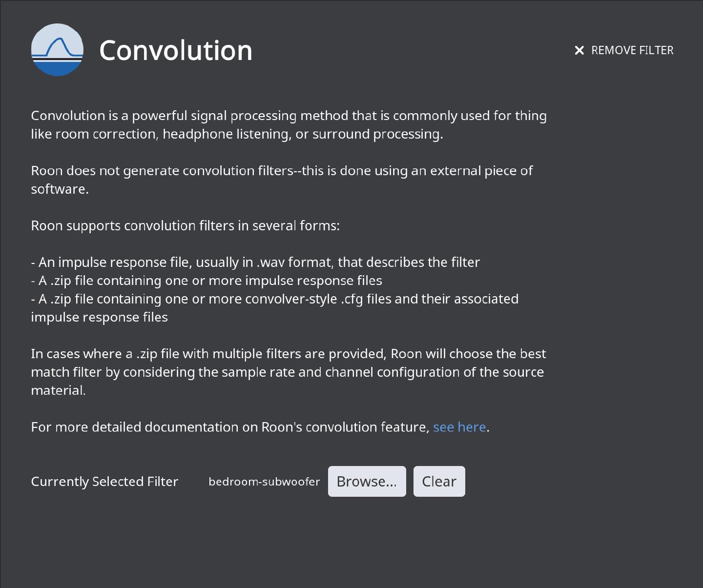 Roon’s Convolution filter panel explaining the supported impulse response formats, with a bedroom-subwoofer filter loaded