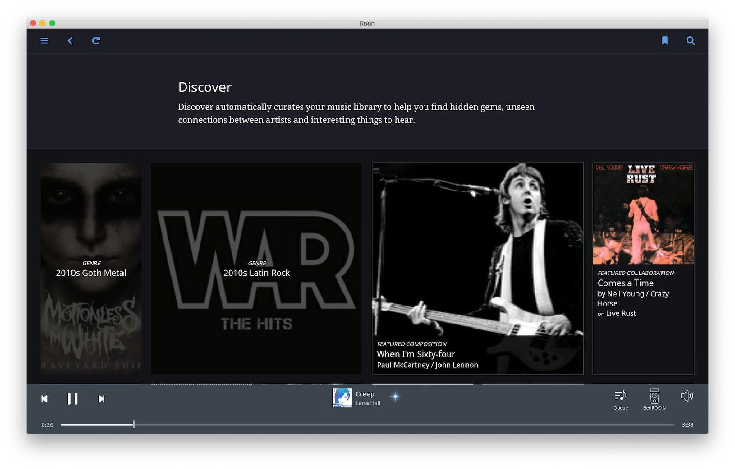 Roon’s Discover page showing cards for 2010s Goth Metal, 2010s Latin Rock, a featured composition and a featured collaboration