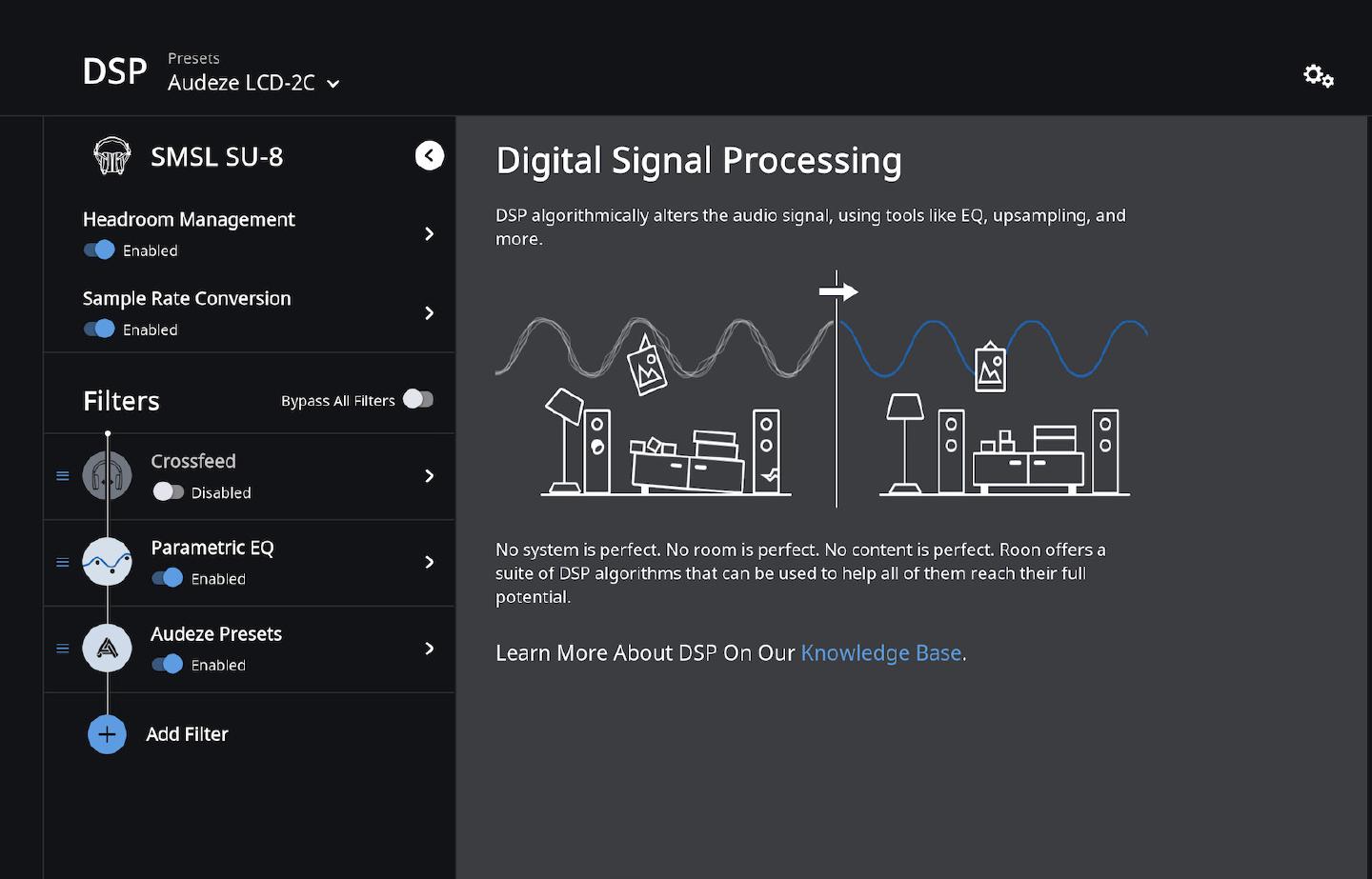 Roon’s DSP screen for the SMSL SU-8, with headroom management, sample rate conversion and a filter chain of Crossfeed, Parametric EQ and Audeze Presets