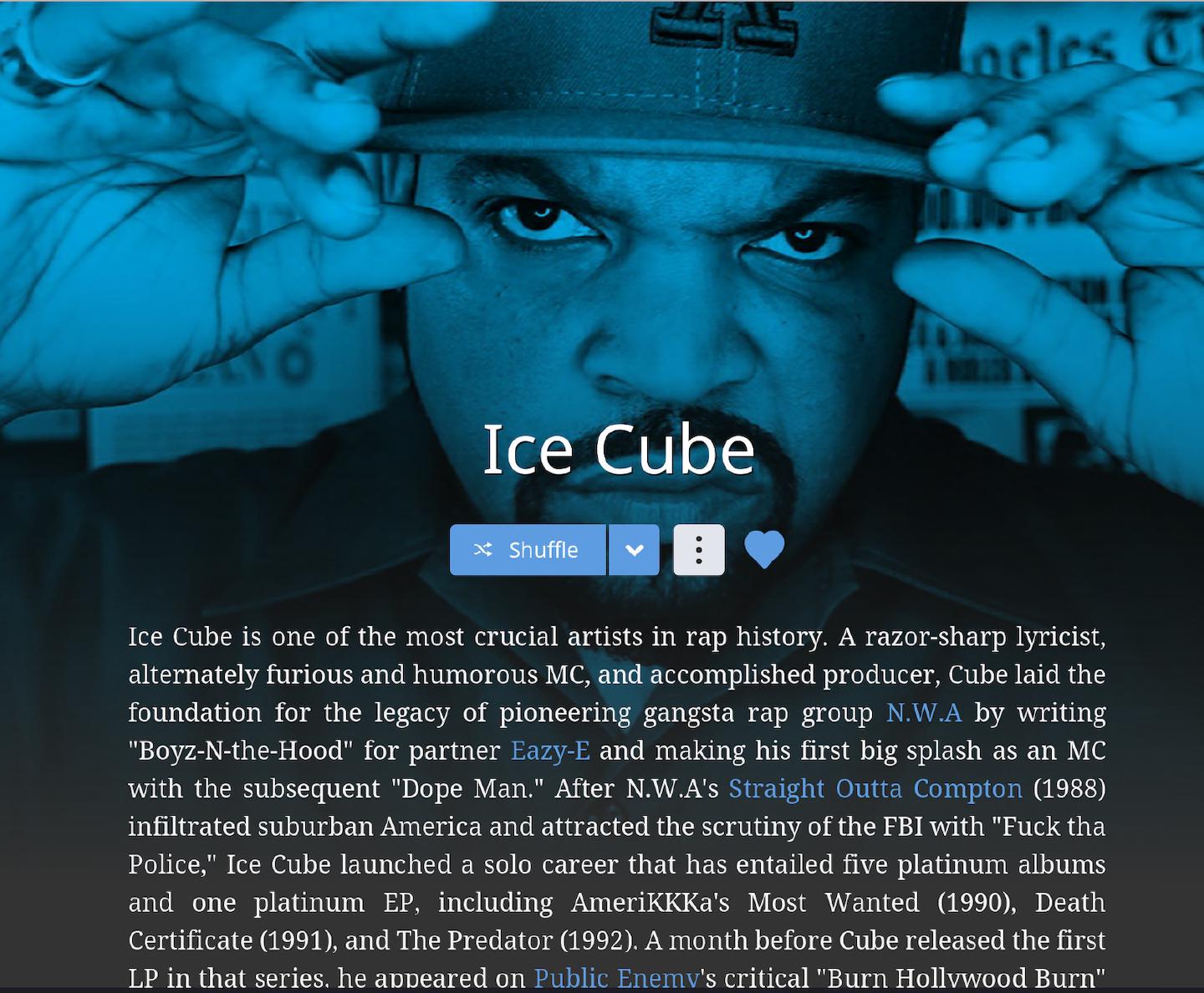 Ice Cube’s artist page in Roon, where N.W.A, Eazy-E and other names in the biography are clickable links