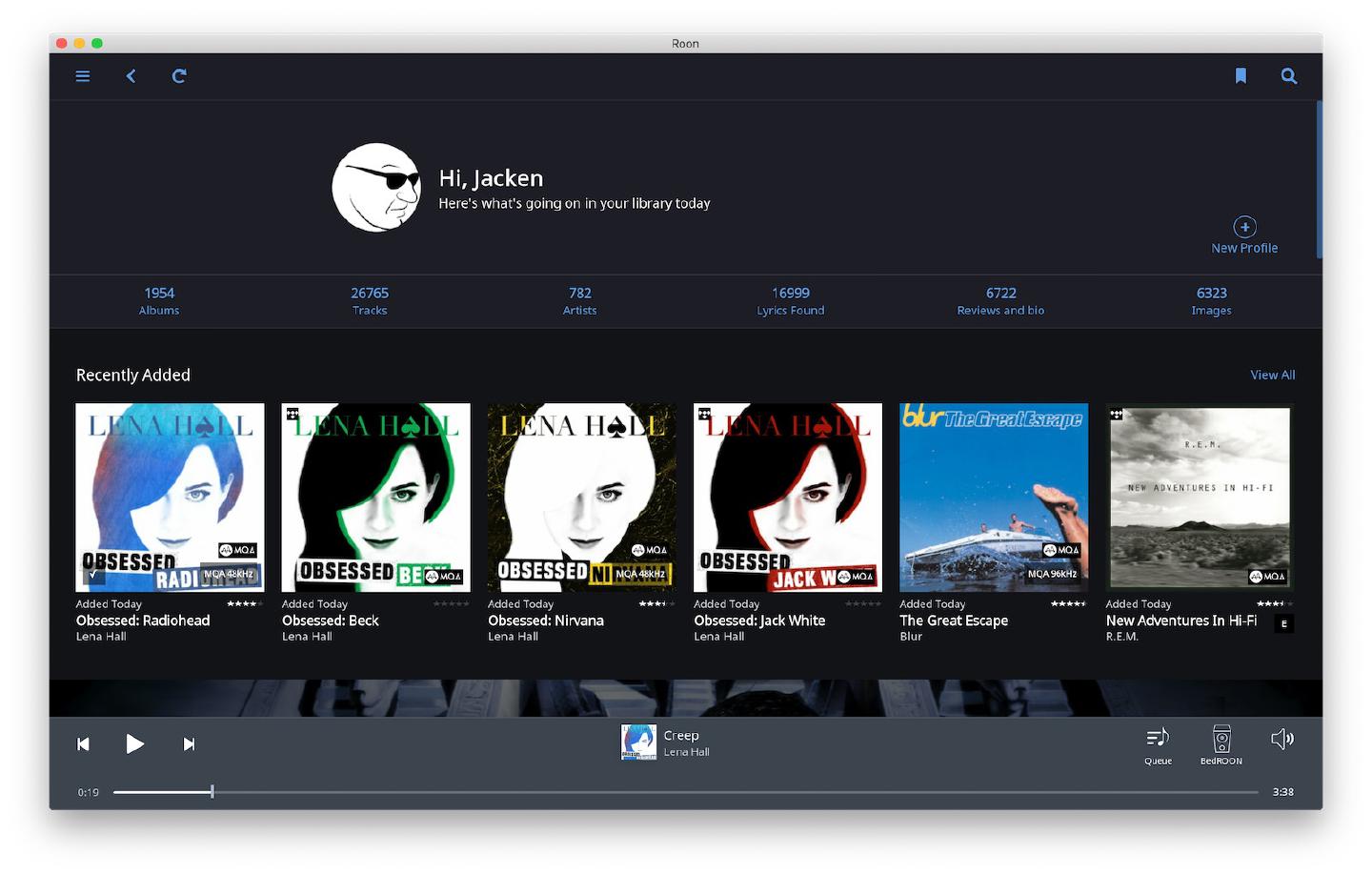 Roon’s home page greeting Jacken above library counts of 1954 albums, 26765 tracks and 782 artists, with a Recently Added row below