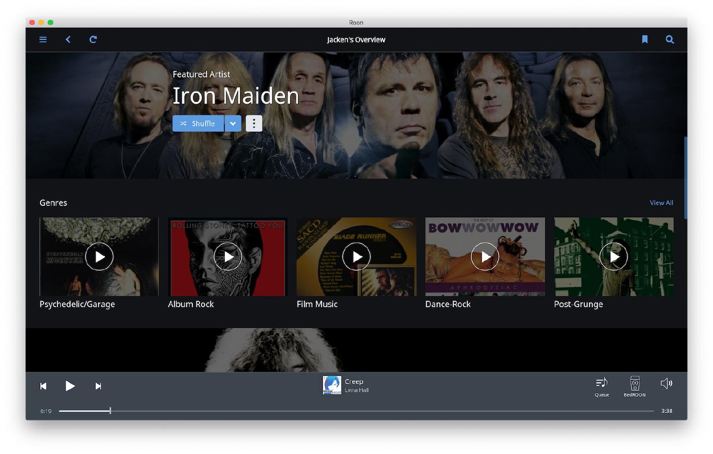 Roon’s Overview page with Iron Maiden as the featured artist above a row of genre tiles