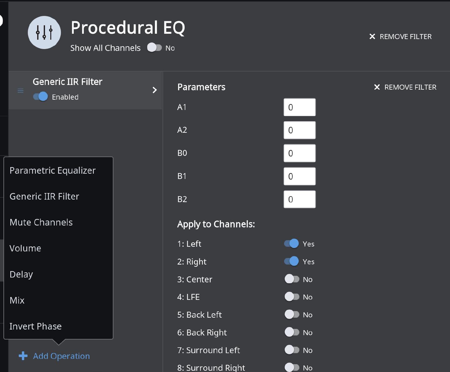 Roon’s Procedural EQ with a Generic IIR filter, its A1 to B2 coefficients, per-channel switches and the Add Operation menu open