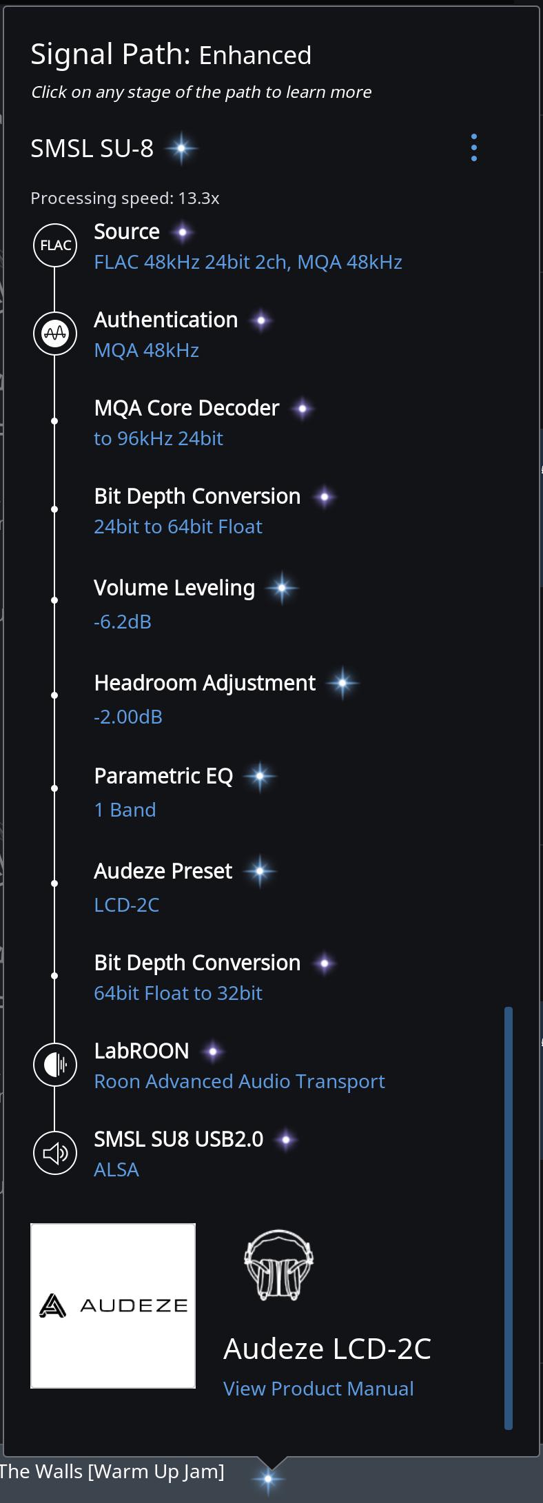 Roon’s Signal Path panel marked Enhanced, listing every stage from the FLAC source through MQA decoding, volume leveling and EQ to the SMSL SU-8