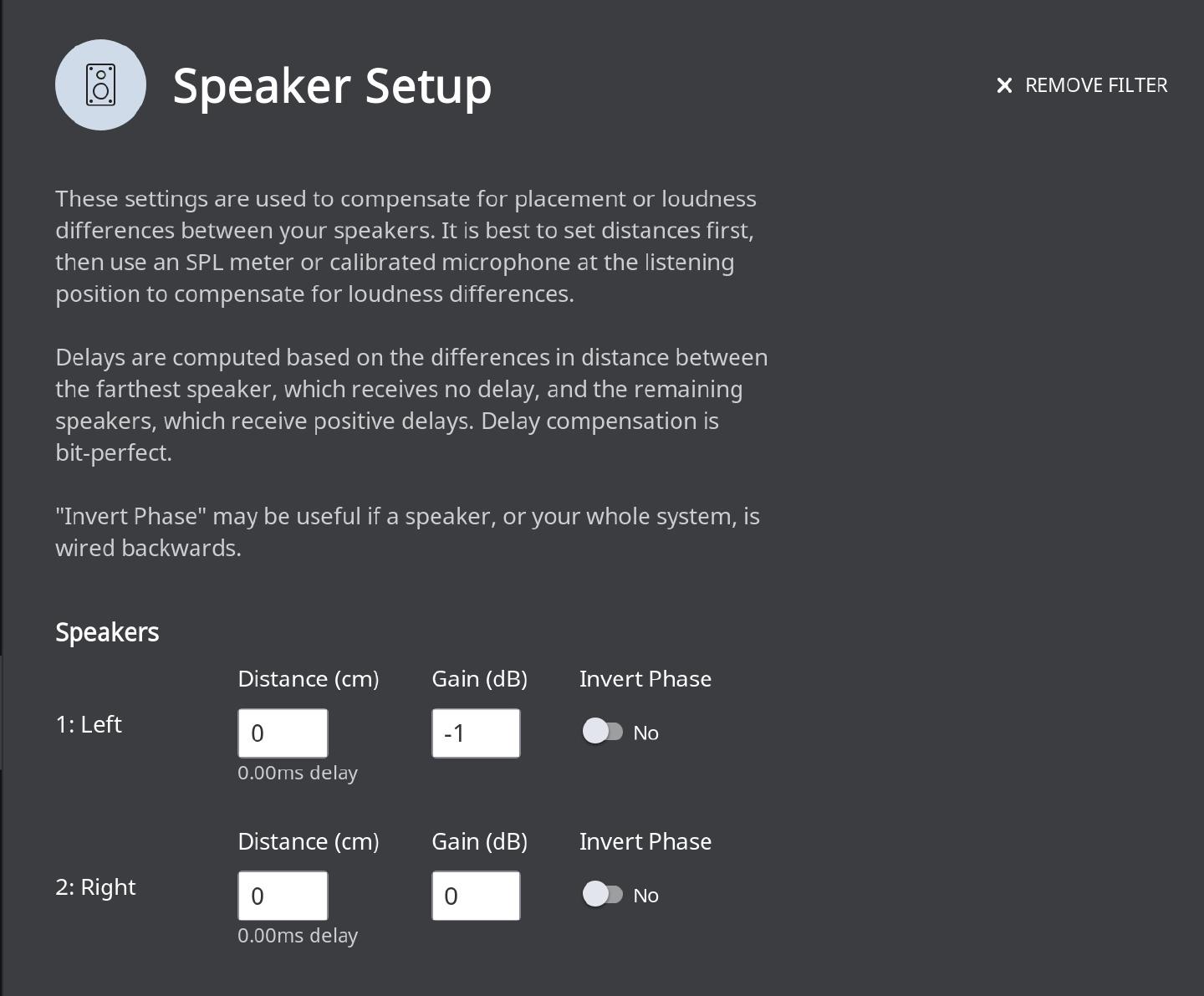 Roon’s Speaker Setup filter, with distance, gain and invert-phase controls for the left and right speakers