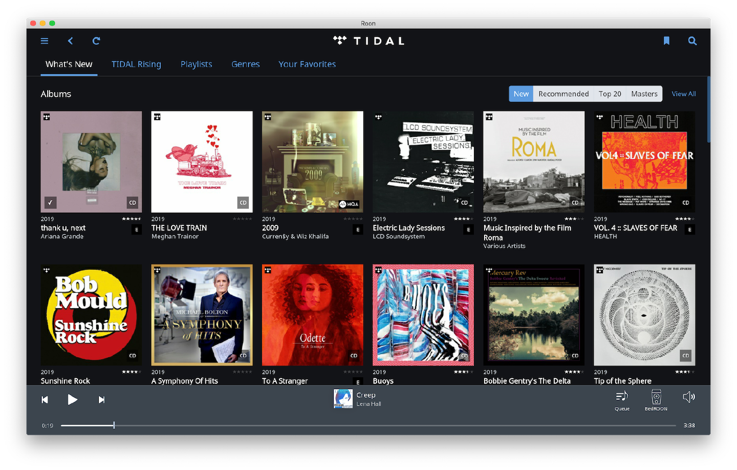 Tidal’s What’s New section inside Roon, a grid of 2019 album releases with star ratings and CD or MQA badges
