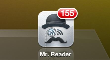 The Mr. Reader app icon on an iPad home screen, a bowler hat and moustache over an RSS symbol, badged with 155 unread